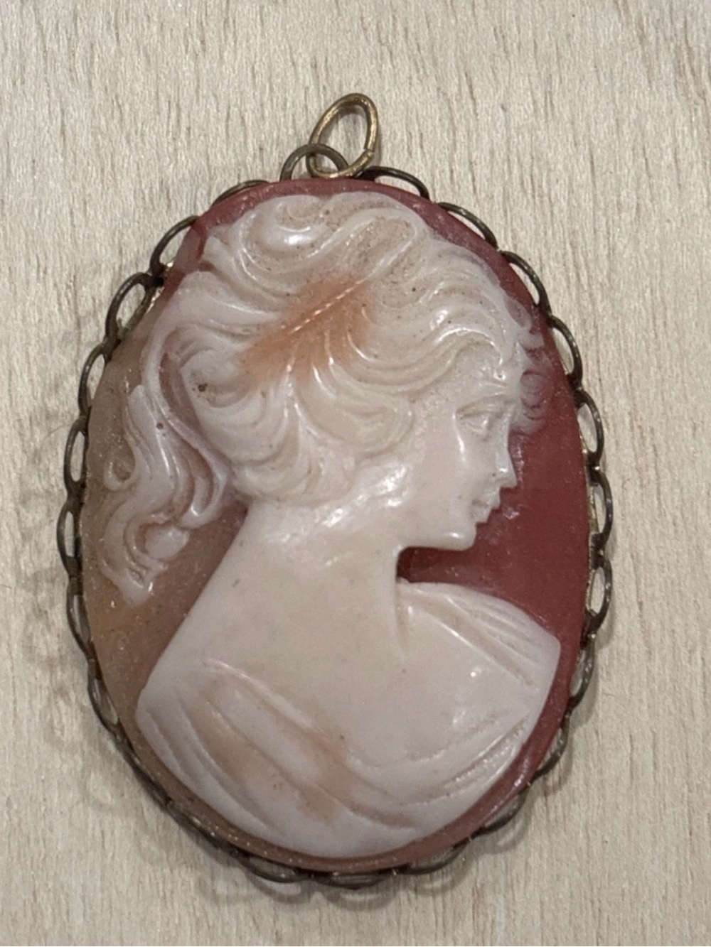 Vintage Victorian Revival Cameo Pendant - Red Resin Lady Portrait Brass Frame